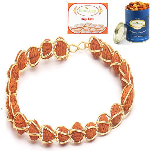 Ghasitaram Gifts Rakhi for Brother Rakhis Online 1406 Elegant rudraksh Bracelet with 100 gms of Dryfruits Mix Can 200 gms of Kaju katli von Ghasitaram Gifts