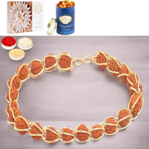 Ghasitaram Gifts Rakhi for Brother Rakhis Online 1406 Elegant rudraksh Bracelet with 100 gms of Dryfruits Mix Can 200 gms of Kaju katli von Ghasitaram Gifts