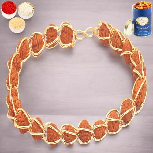 Ghasitaram Gifts Rakhi for Brother Rakhis Online 1406 Elegant rudraksh Bracelet with 100 gms of Dryfruits Mix Can von Ghasitaram Gifts