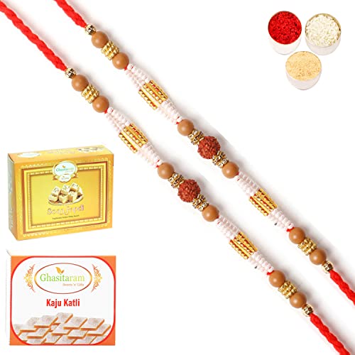 Ghasitaram Gifts Rakhi for Brother Rakhis Online 1677- Rudraksh Rakhi with 200 gms of Kaju katli and 200 gms of Soan Papdi von Ghasitaram Gifts