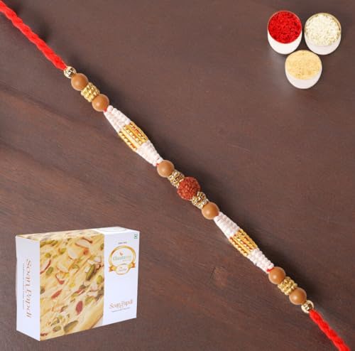 Ghasitaram Gifts Rakhi for Brother Rakhis Online 1677- Rudraksh Rakhi with 400 GMS of Soan Papdi von Ghasitaram Gifts