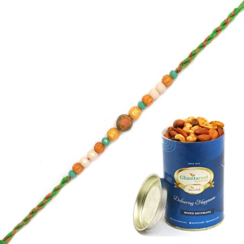 Ghasitaram Gifts Rakhi for Brother Rakhis Online - 1890 Fancy Thread Rakhi with 100 gms of Dryfruits Mix Can von Ghasitaram Gifts