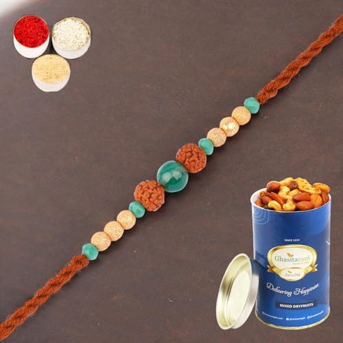 Ghasitaram Gifts Rakhi for Brother Rakhis Online 1891- Rudraksh Rakhi with 100 gms of Dryfruits Mix Can von Ghasitaram Gifts