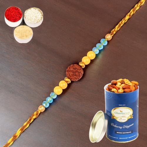 Ghasitaram Gifts Rakhi for Brother Rakhis Online 1906- Rudraksh Rakhi with 100 gms of Dryfruits Mix Can Ghasitaram Gifts Rakhi for Brother Rakhis Online 1906- Rudraksh Rakhi with 100 gms of Dryfruits Mix Can von Ghasitaram Gifts