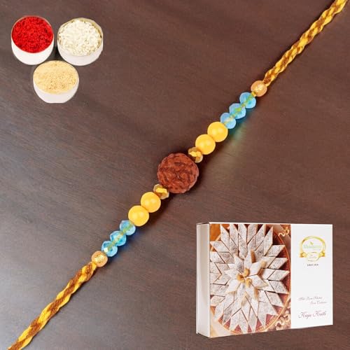 Ghasitaram Gifts Rakhi for Brother Rakhis Online - 1906- Rudraksh Rakhi with 200 gms of Kaju katli von Ghasitaram Gifts