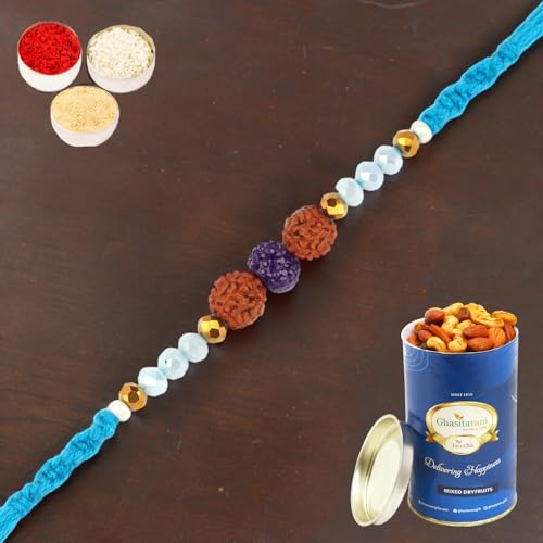 Ghasitaram Gifts Rakhi for Brother Rakhis Online 1907- Rudraksh Rakhi with 100 gms of Dryfruits Mix Can von Ghasitaram Gifts