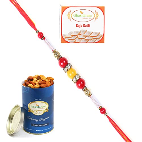 Ghasitaram Gifts Rakhi for Brother Rakhis Online - 2K-266 Fancy Thread Rakhi with 100 gms of Dryfruits Mix Can 200 gms of Kaju katli Ghasitaram Gifts Rakhi for Brother Rakhis Online - 2K-266 Fancy Thread Rakhi with 100 gms of Dryfruits Mix Can 200 gms of Kaju katli von Ghasitaram Gifts