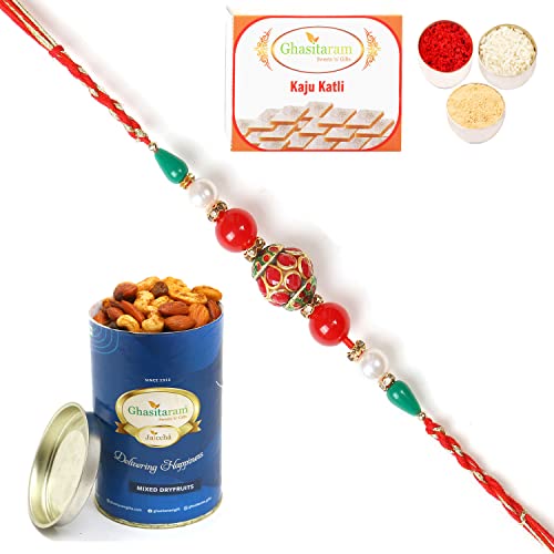 Ghasitaram Gifts Rakhi for Brother Rakhis Online - 2K-268 Fancy Thread Rakhi with 100 gms of Dryfruits Mix Can 200 gms of Kaju katli von Ghasitaram Gifts