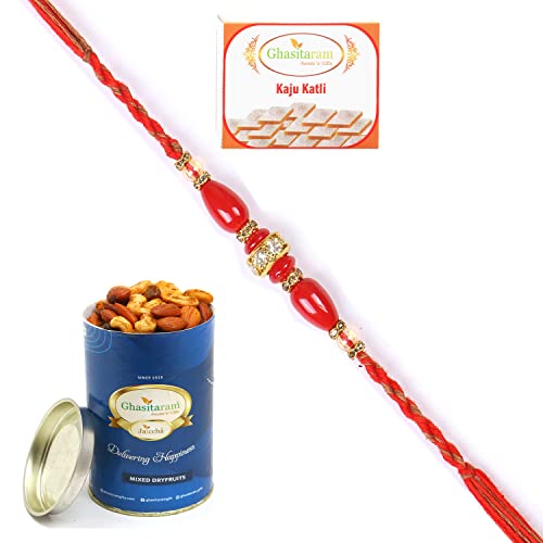 Ghasitaram Gifts Rakhi for Brother Rakhis Online - 2K-271 Fancy Thread Rakhi with 100 gms of Dryfruits Mix Can 200 gms of Kaju katli von Ghasitaram Gifts