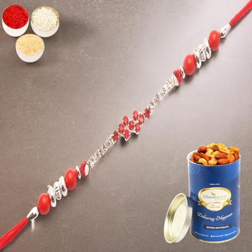 Ghasitaram Gifts Rakhi for Brother Rakhis Online - 333 diamond Rakhi with 100 gms of Dryfruits Mix Can von Ghasitaram Gifts