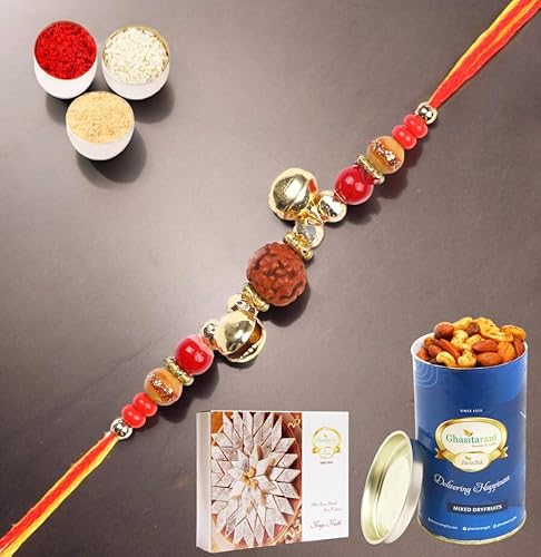 Ghasitaram Gifts Rakhi for Brother Rakhis Online 6208- Rudraksh Rakhi with 100 gms of Dryfruits Mix Can 200 gms of Kaju katli von Ghasitaram Gifts