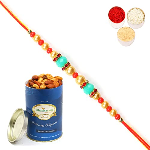Ghasitaram Gifts Rakhi for Brother Rakhis Online -6269 Pearl Rakhi For my Brother with 100 gms of Dryfruits Mix Can von Ghasitaram Gifts