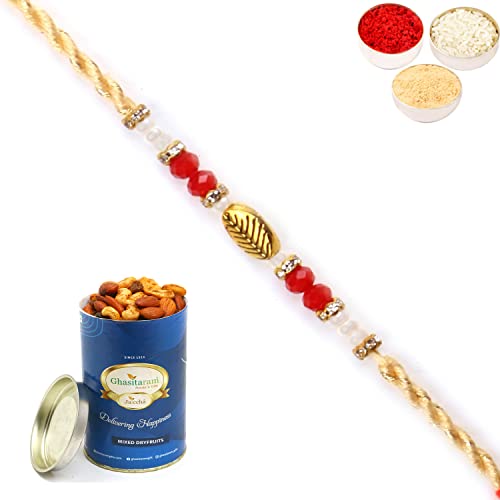 Ghasitaram Gifts Rakhi for Brother Rakhis Online -6342 Pearl Rakhi For my Brother with 100 gms of Dryfruits Mix Can von Ghasitaram Gifts