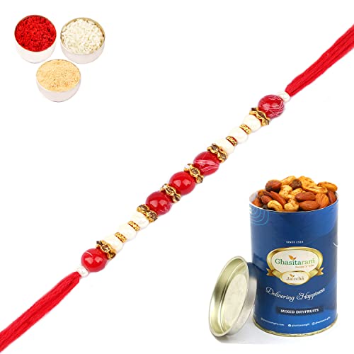 Ghasitaram Gifts Rakhi for Brother Rakhis Online - 6349 Pearl Rakhi For my Brother with 100 gms of Dryfruits Mix Can von Ghasitaram Gifts