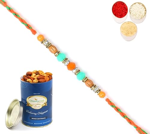 Ghasitaram Gifts Rakhi for Brother Rakhis Online - 6366 Fancy Thread Rakhi with 100 gms of Dryfruits Mix Can von Ghasitaram Gifts