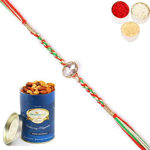 Ghasitaram Gifts Rakhi for Brother Rakhis Online - 6377 Fancy Thread Rakhi with 100 gms of Dryfruits Mix Can Ghasitaram Gifts Rakhi for Brother Rakhis Online - 6377 Fancy Thread Rakhi with 100 gms of Dryfruits Mix Can von Ghasitaram Gifts