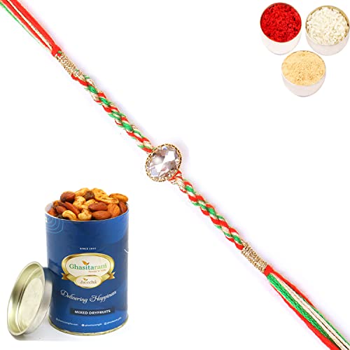 Ghasitaram Gifts Rakhi for Brother Rakhis Online - 6377 Fancy Thread Rakhi with 100 gms of Dryfruits Mix Can von Ghasitaram Gifts