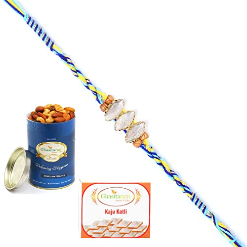 Ghasitaram Gifts Rakhi for Brother Rakhis Online - 6400 Fancy Thread Rakhi with 100 gms of Dryfruits Mix Can 200 gms of Kaju katli Ghasitaram Gifts Rakhi for Brother Rakhis Online - 6400 Fancy Thread Rakhi with 100 gms of Dryfruits Mix Can 200 gms of Kaju katli von Ghasitaram Gifts
