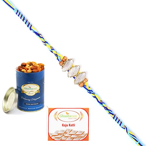 Ghasitaram Gifts Rakhi for Brother Rakhis Online - 6400 Fancy Thread Rakhi with 100 gms of Dryfruits Mix Can 200 gms of Kaju katli von Ghasitaram Gifts