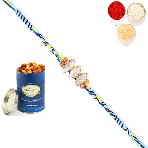 Ghasitaram Gifts Rakhi for Brother Rakhis Online - 6400 Fancy Thread Rakhi with 100 gms of Dryfruits Mix Can von Ghasitaram Gifts