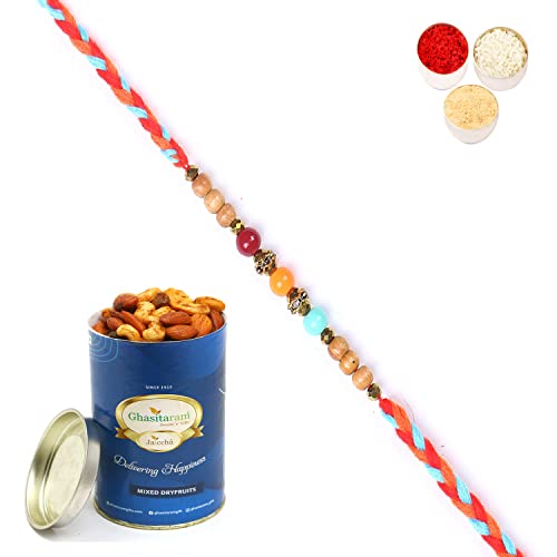 Ghasitaram Gifts Rakhi for Brother Rakhis Online - 6433 Fancy Thread Rakhi with 100 gms of Dryfruits Mix Can von Ghasitaram Gifts