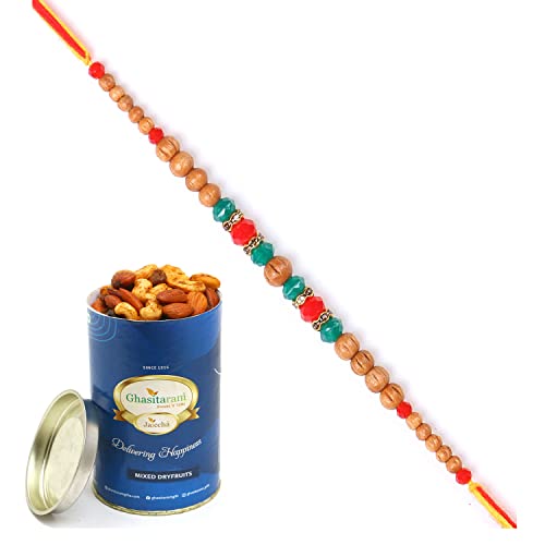 Ghasitaram Gifts Rakhi for Brother Rakhis Online - 6480 Fancy Thread Rakhi with 100 gms of Dryfruits Mix Can von Ghasitaram Gifts