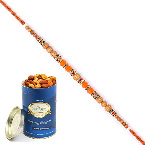 Ghasitaram Gifts Rakhi for Brother Rakhis Online - 6493 Fancy Thread Rakhi with 100 gms of Dryfruits Mix Can von Ghasitaram Gifts