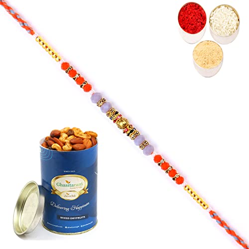 Ghasitaram Gifts Rakhi for Brother Rakhis Online - 6497 Fancy Thread Rakhi with 100 gms of Dryfruits Mix Can von Ghasitaram Gifts