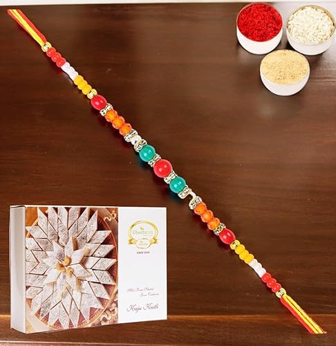 Ghasitaram Gifts Rakhi for Brother Rakhis Online - 6503 Fancy Thread Rakhi with 200 GMS of Kaju katli von Ghasitaram Gifts