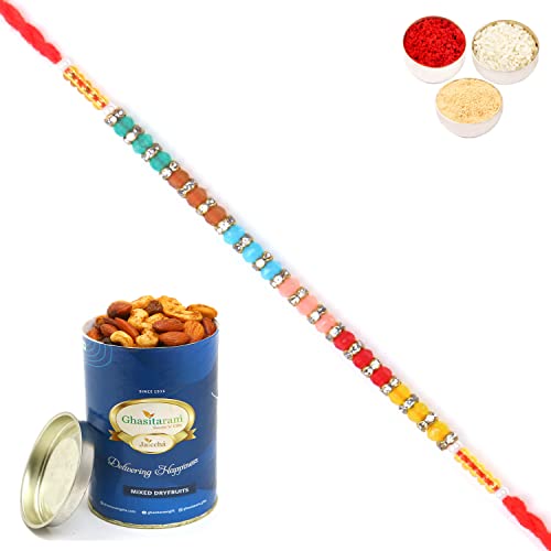 Ghasitaram Gifts Rakhi for Brother Rakhis Online - 6518 Fancy Thread Rakhi with 100 gms of Dryfruits Mix Can Ghasitaram Gifts Rakhi for Brother Rakhis Online - 6518 Fancy Thread Rakhi with 100 gms of Dryfruits Mix Can von Ghasitaram Gifts
