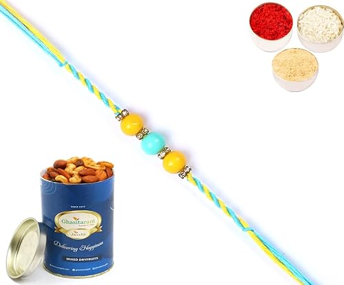 Ghasitaram Gifts Rakhi for Brother Rakhis Online - 6562 Fancy Thread Rakhi with 100 gms of Dryfruits Mix Can Ghasitaram Gifts Rakhi for Brother Rakhis Online - 6562 Fancy Thread Rakhi with 100 gms of Dryfruits Mix Can von Ghasitaram Gifts