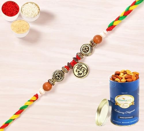 Ghasitaram Gifts Rakhi for Brother Rakhis Online - 6571 Om Rakhis with 100 gms of Dryfruits Mix Can von Ghasitaram Gifts