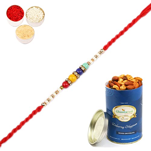 Ghasitaram Gifts Rakhi for Brother Rakhis Online - 6751 Pearl Rakhi For my Brother with 100 gms of Dryfruits Mix Can von Ghasitaram Gifts