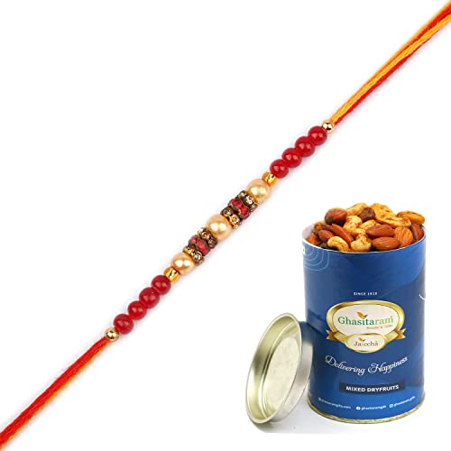 Ghasitaram Gifts Rakhi for Brother Rakhis Online - 6941 Pearl Rakhi For my Brother with 100 gms of Dryfruits Mix Can von Ghasitaram Gifts