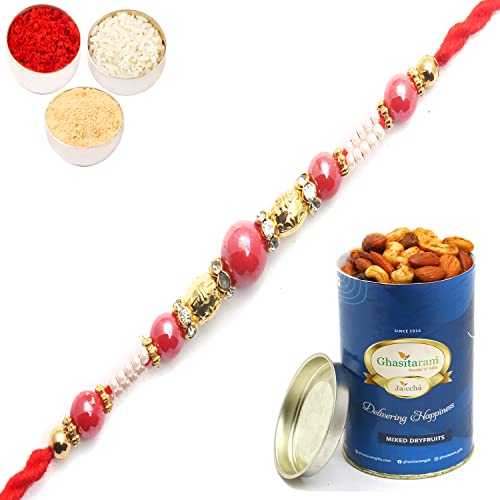 Ghasitaram Gifts Rakhi for Brother Rakhis Online-7017 fancy Thread Rakhi with 100 gms of Dryfruits Mix Can von Ghasitaram Gifts