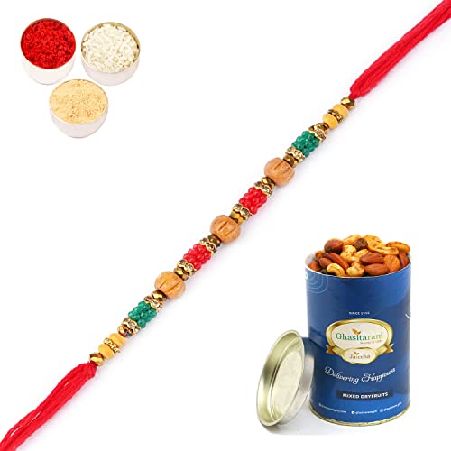 Ghasitaram Gifts Rakhi for Brother Rakhis Online - 7086 Fancy Thread Rakhi with 100 gms of Dryfruits Mix Can von Ghasitaram Gifts