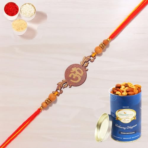 Ghasitaram Gifts Rakhi for Brother Rakhis Online - BW-5410 Wooden Om Rakhi with 100 gms of Dryfruits Mix Can von Ghasitaram Gifts