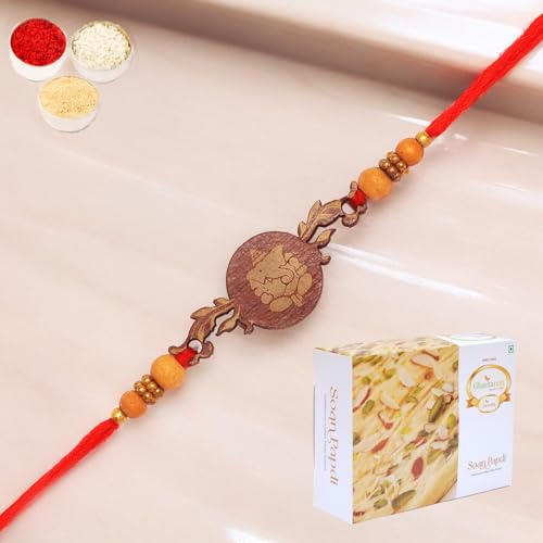 Ghasitaram Gifts Rakhi for Brother Rakhis Online- BW-5414 Wooden Ganesha Rakhi with 200 GMS of Soan Papdi von Ghasitaram Gifts