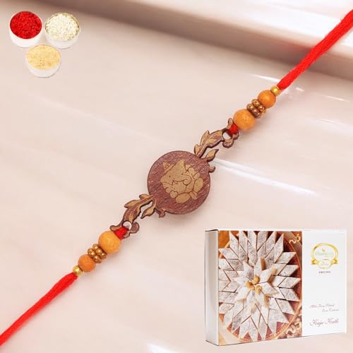 Ghasitaram Gifts Rakhi for Brother Rakhis Online- BW-5414 Wooden Ganesha Rakhi with 400 GMS of Kaju katli von Ghasitaram Gifts