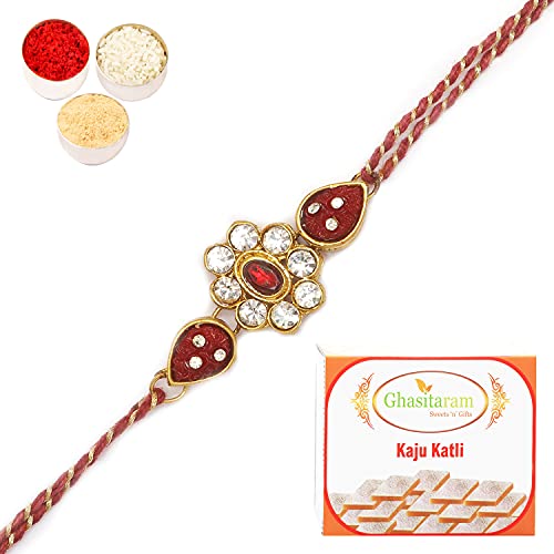 Ghasitaram Gifts Rakhi for Brother Rakhis Online - J-31062 Rose Flower Jewel Rakhi with 200 gms of Kaju katli von Ghasitaram Gifts