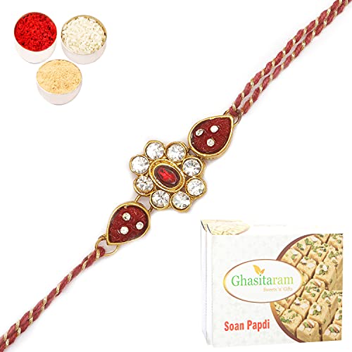 Ghasitaram Gifts Rakhi for Brother Rakhis Online - J-31062 Rose Flower Jewel Rakhi with 200 gms of Soan Papdi von Ghasitaram Gifts