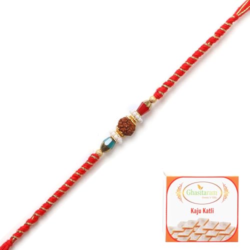 Ghasitaram Gifts Rakhi for Brother Rakhis Online L-1 Rudraksh Rakhi with 200 gms of Kaju katli von Ghasitaram Gifts