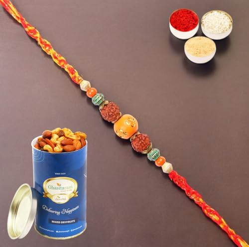 Ghasitaram Gifts Rakhi for Brother Rakhis Online L-3 Rudraksh Rakhi with 100 gms of Dryfruits Mix Can von Ghasitaram Gifts