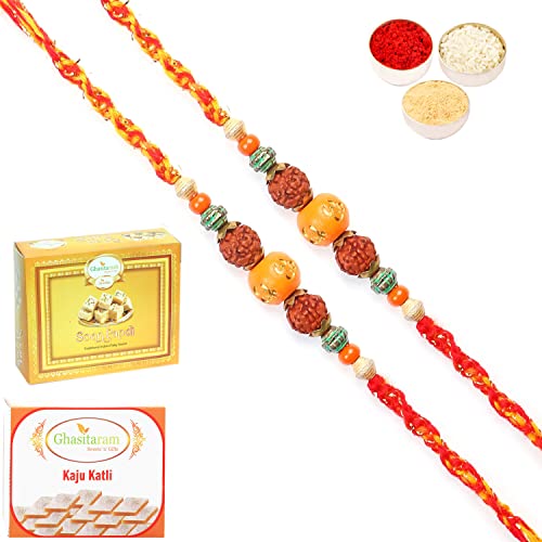 Ghasitaram Gifts Rakhi for Brother Rakhis Online L-3 Rudraksh Rakhi with 200 gms of Kaju katli and 200 gms of Soan Papdi von Ghasitaram Gifts