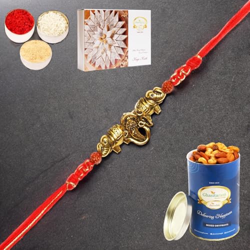 Ghasitaram Gifts Rakhi for Brother Rakhis Online - LD-84 Om Ganesha Rakhi with 100 gms of Dryfruits Mix Can 200 gms of Kaju katli Ghasitaram Gifts Rakhi for Brother Rakhis Online - LD-84 Om Ganesha Rakhi with 100 gms of Dryfruits Mix Can 200 gms of Kaju katli von Ghasitaram Gifts