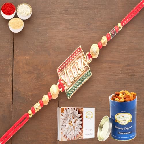 Ghasitaram Gifts Rakhi for Brother Rakhis Online - Mera Pyaara Veera Rakhi with 100 gms of Dryfruits Mix Can 200 gms of Kaju katli von Ghasitaram Gifts