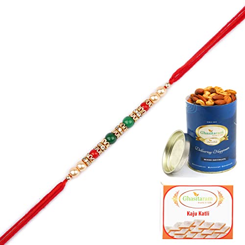 Ghasitaram Gifts Rakhi for Brother Rakhis Online - Nbh-236 Pearl Rakhi For my Brother with 100 gms of Dryfruits Mix Can von Ghasitaram Gifts