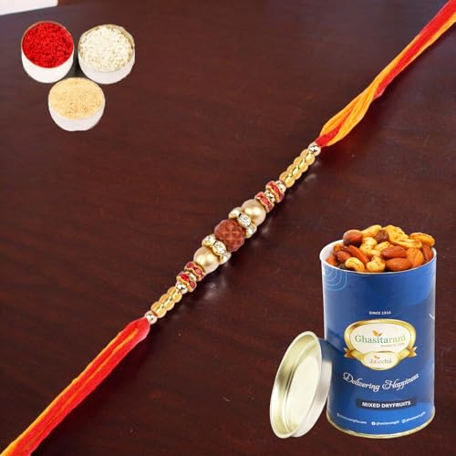 Ghasitaram Gifts Rakhi for Brother Rakhis Online Nbh-252- Rudraksh Rakhi with 100 gms of Dryfruits Mix Can Ghasitaram Gifts Rakhi for Brother Rakhis Online Nbh-252- Rudraksh Rakhi with 100 gms of Dryfruits Mix Can von Ghasitaram Gifts