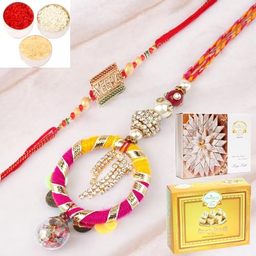 Ghasitaram Gifts Rakhi for Brother Rakhis Online - RM-130 Bhaiya Bhabhi rakhi with 200 gms of Kaju katli and 200 gms of Soan Papdi von Ghasitaram Gifts