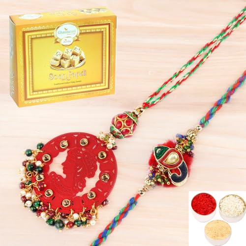 Ghasitaram Gifts Rakhi for Brother Rakhis Online - RM-140 Bhaiya Bhabhi rakhi with 400 gms of Soan Papdi von Ghasitaram Gifts